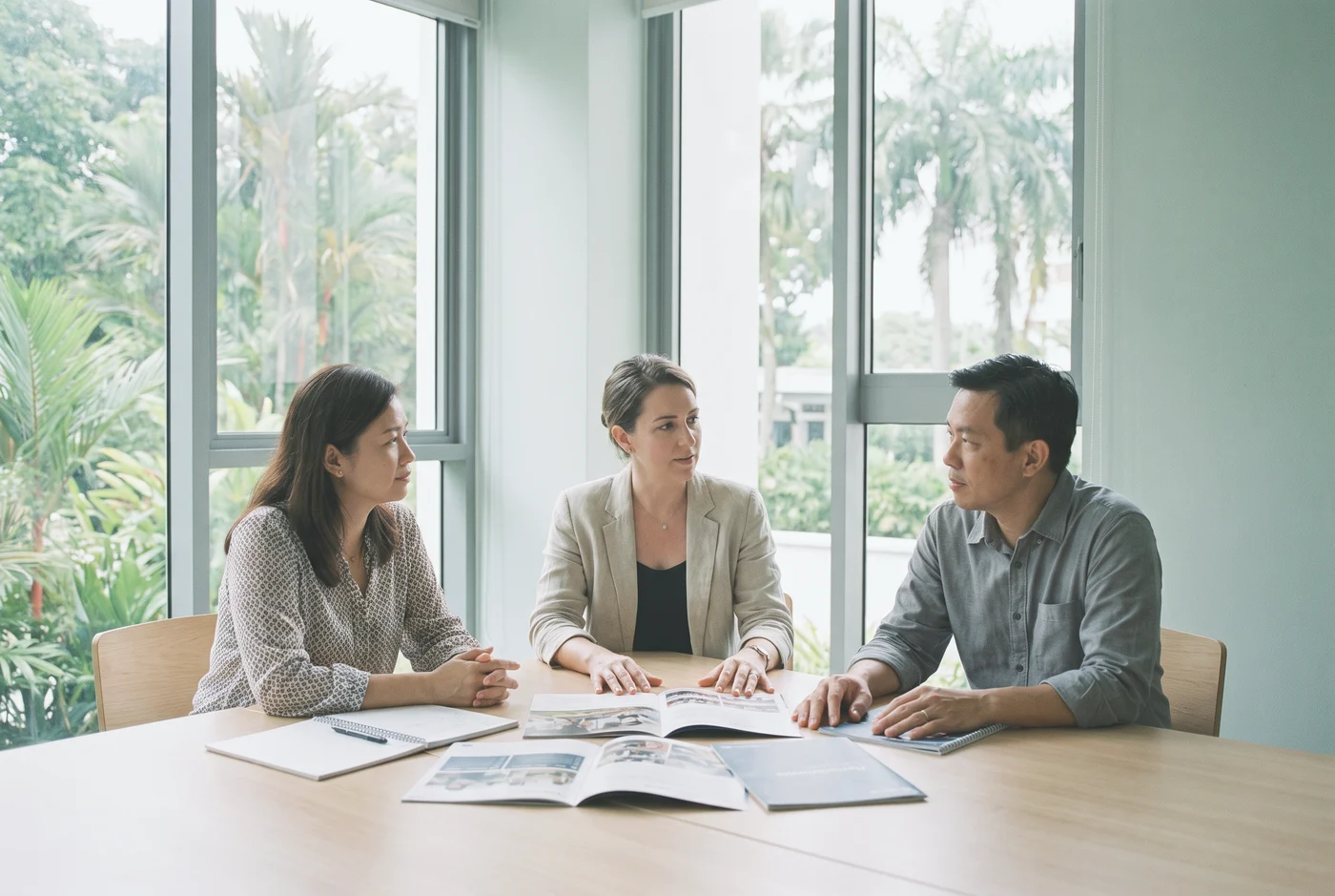 An education consultant talking through school options with two parents