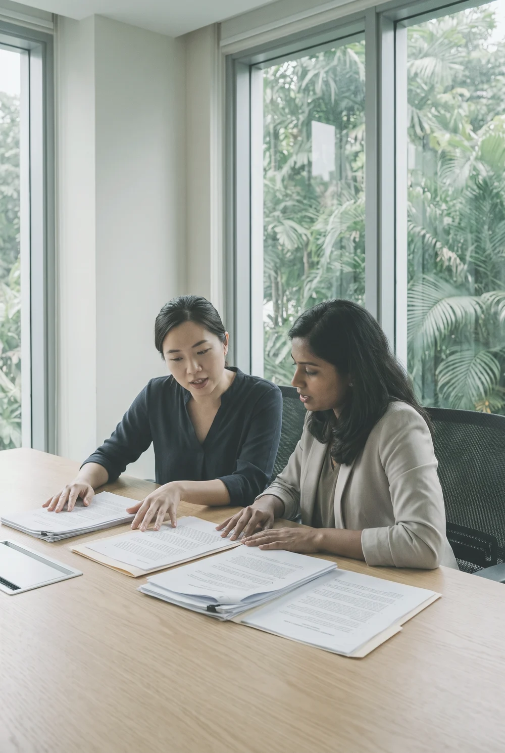 Two admissions colleagues reviewing enrolment paperwork together