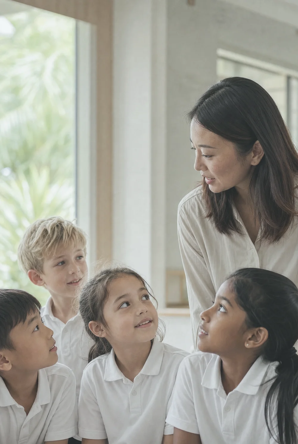 A teacher helping a group of primary school children with a classroom activity